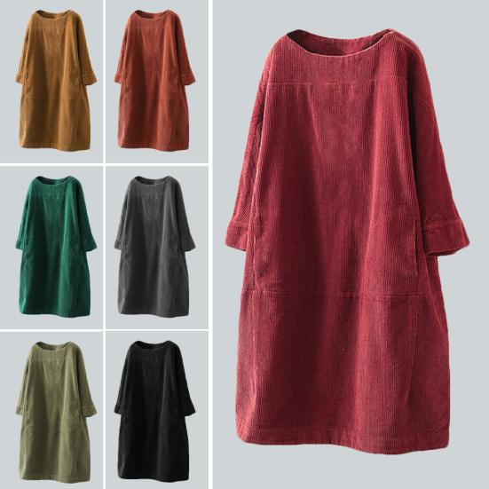 Hochwertiges, großes Damen-Herbst- und Winterkleid, lässig, warm, einfarbig, Taschen, Cord, lockeres Midi-Kleid