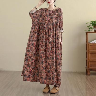 DIMANAF 2025 Women Plus Size Spring Long Dress Loose Basic Printing Vintage Casual Floral Oversize Long Sleeve Maxi