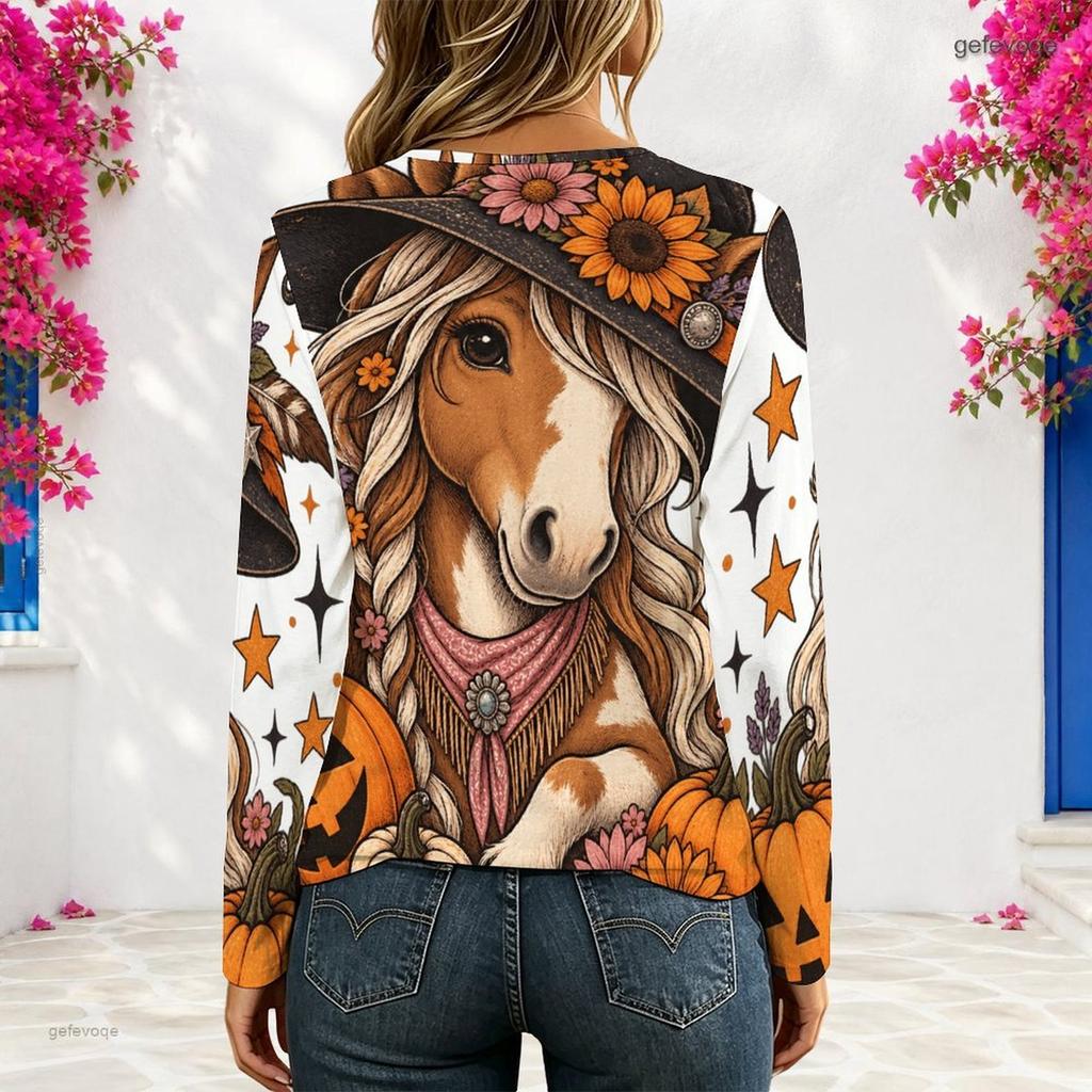 Women Plus Size V Neck Long Sleeve Halloween Printed Eyelet Chain Lace Up Top