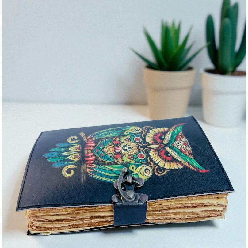 Handmade Leather Owl Journal, Vintage Deckle Edge Diary with Lock