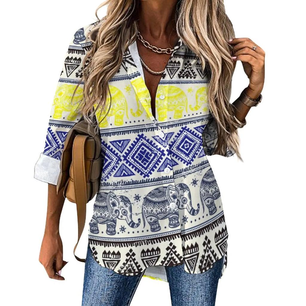 Indian Elephant Art Casual Blouse Spring Autumn Long Sleeve Colorful Floral Print Cool Blouses Woman Basic Shirt Graphic Clothes