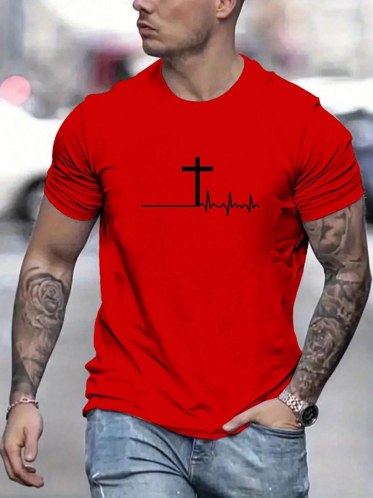 Summer Men's Loose T-shirt 100% Cotton Comfortable Fashion Cross Print Slim Casual Sports Round Neck Short-sleeved T-shirt Top
