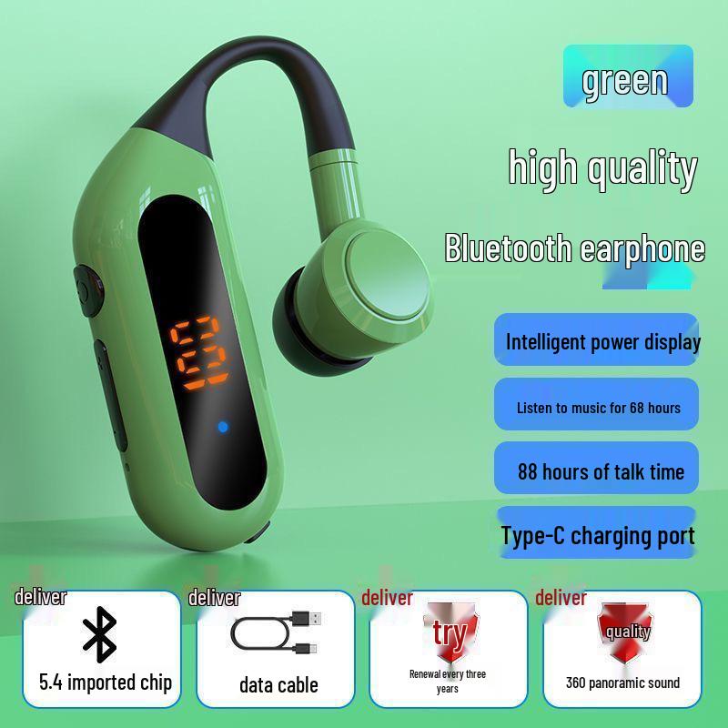 Green Bluetooth Ear-Hook Headset for Drivers - Long Battery Life for Food Delivery and Driving.