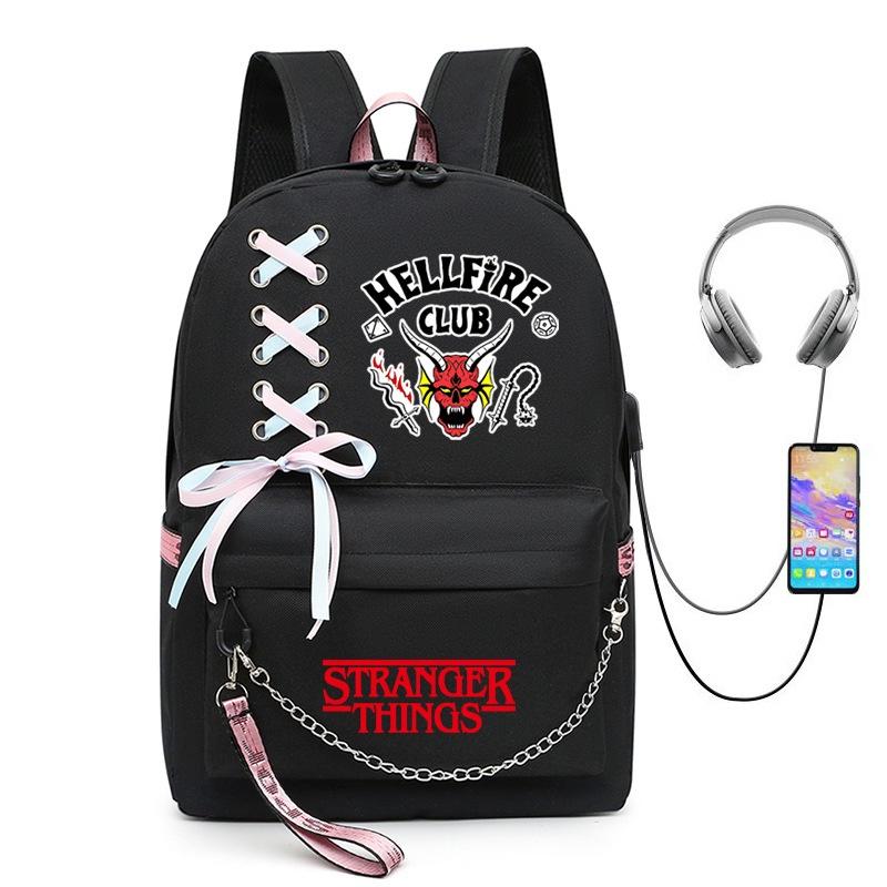Stilvoller Stranger Things Rucksack mit USB-Ladeanschluss 20-35l Fassungsvermögen Oxford-Stoffmaterial