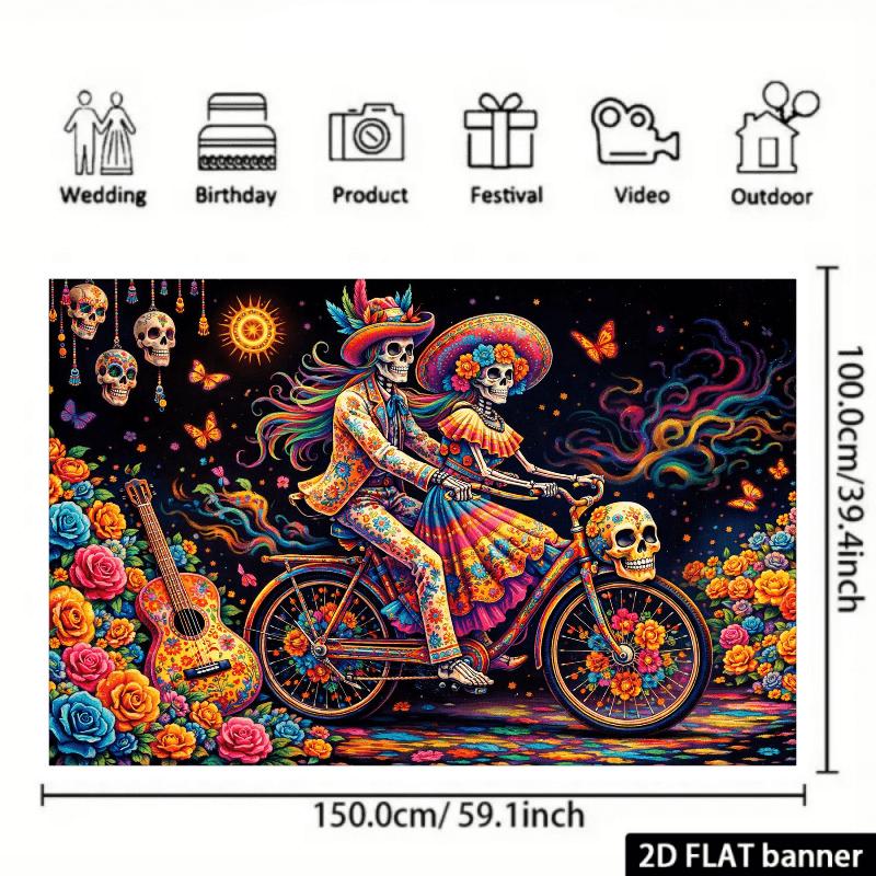 2D plane skull-themed background fabric, with a skull wearing colorful clothes in the center of the picture.zyc