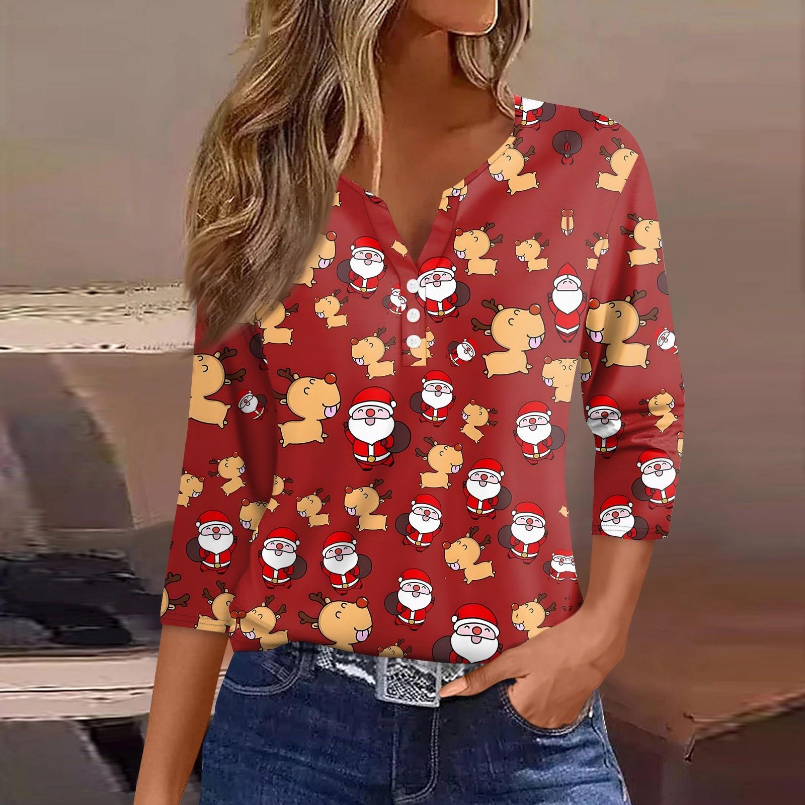 

Женская футболка с рождественским принтом, на пуговицах, рукав 3/4, повседневная мода на выходные, базовый топ с V-образным вырезом S красный