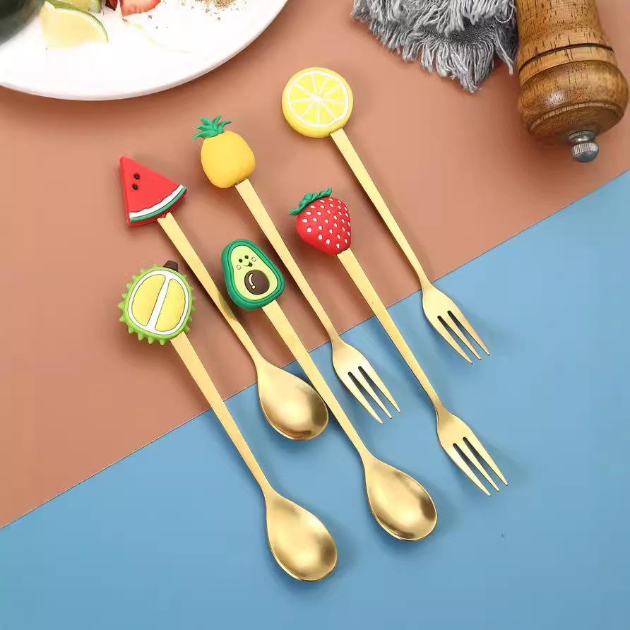 Fruit Doll Stainless Steel Spoon and Fork Christmas Coffee Dessert Spoon and Fork Gift Set Fruit Watermelon Spoon and Fork Box