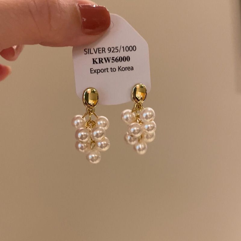 

[Прожектор] Серьги-пусеты с кисточками из виноградных нитей жемчуга во французском стиле, ретро, высококлассные, для квадратного/круглого лица, делают лицо визуально меньше, универсальные серьги Small bulb | S925 silver pin earrings