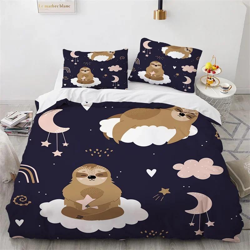 Sloth Bedding Set Kawaii Animals Comforter Cover For Boys Girls Teens,Botancial Flowers Duvet Cover Cartoon Wildlife Quilt Cover