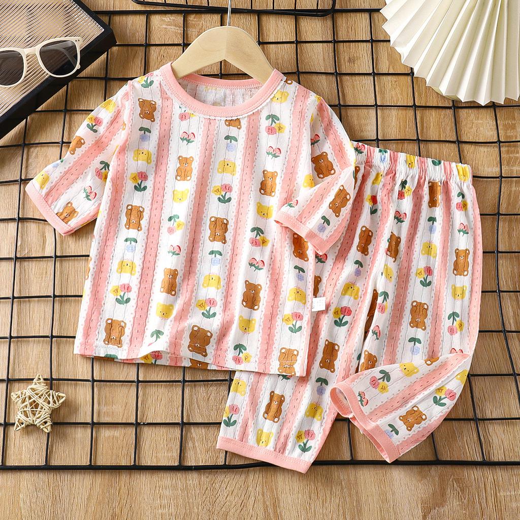 Childrens Cotton Cartoon T-Shirt and Striped Pants Set Cute Kids Loungewear Baby Pajamas Thin Clothing