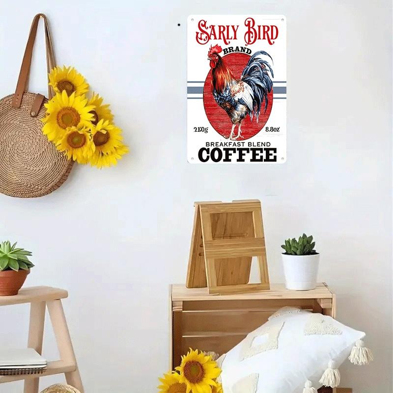 1 Piece American Country Style Rooster Coffee-themed Tin Plaque, 210g, Breakfast Mixed Coffee Decorative Painting, Retro Home Wa