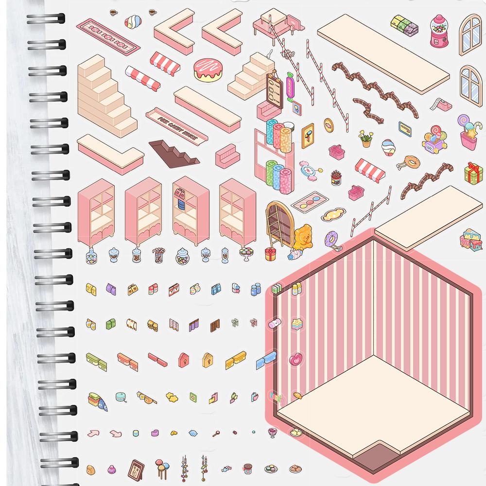 3PCS Pink Candy House Sticker Nostalgia Stacking Cafe Landscape Room Decompression Art Picture Department Y2K Fashion Stickers