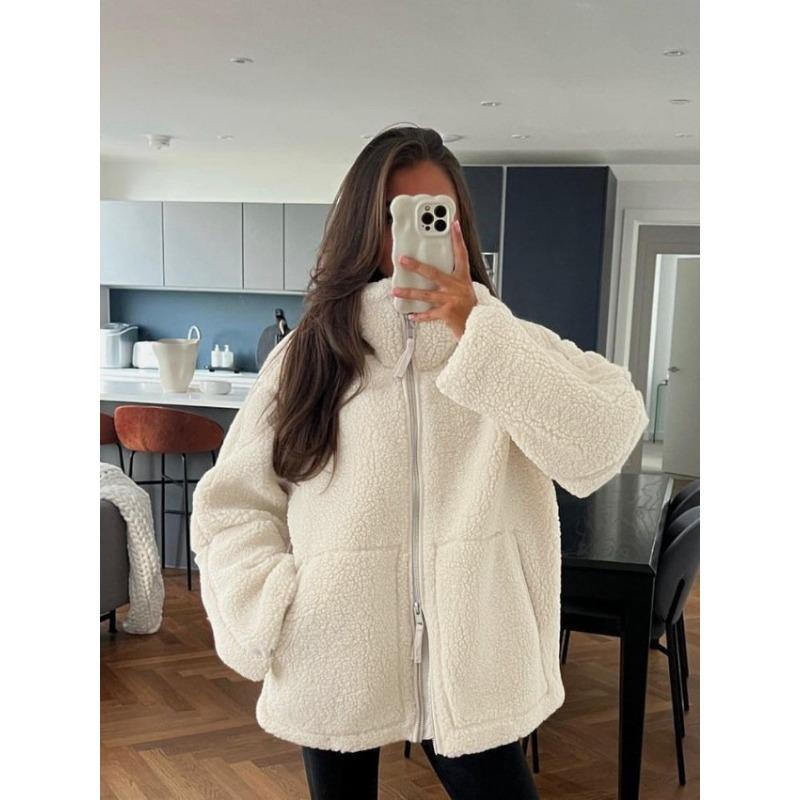 Autumn Winter High Collar Solid Color Lamb Fleece Warm Coat Women Loose Casual Zipper Outwear Cardigan Top