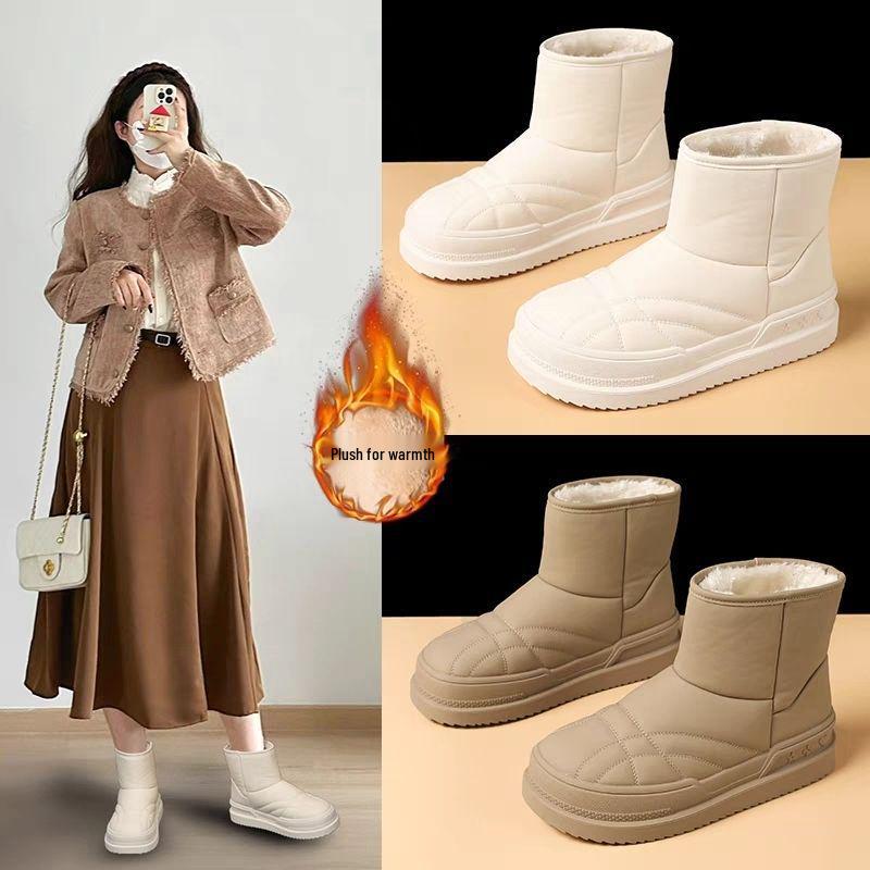 Women's Mid-Calf Thick-Soled Beige Snow Boots - Non-Slip, Cold-Proof, Warm, Plus Velvet.
