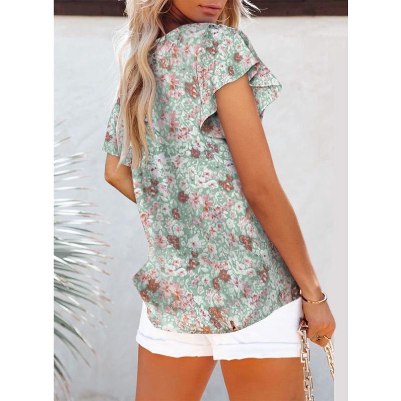 Women's Fashion Casual Summer Spring Flower Pattern Print Short Sleeve V-Neck Blouses & Shirts