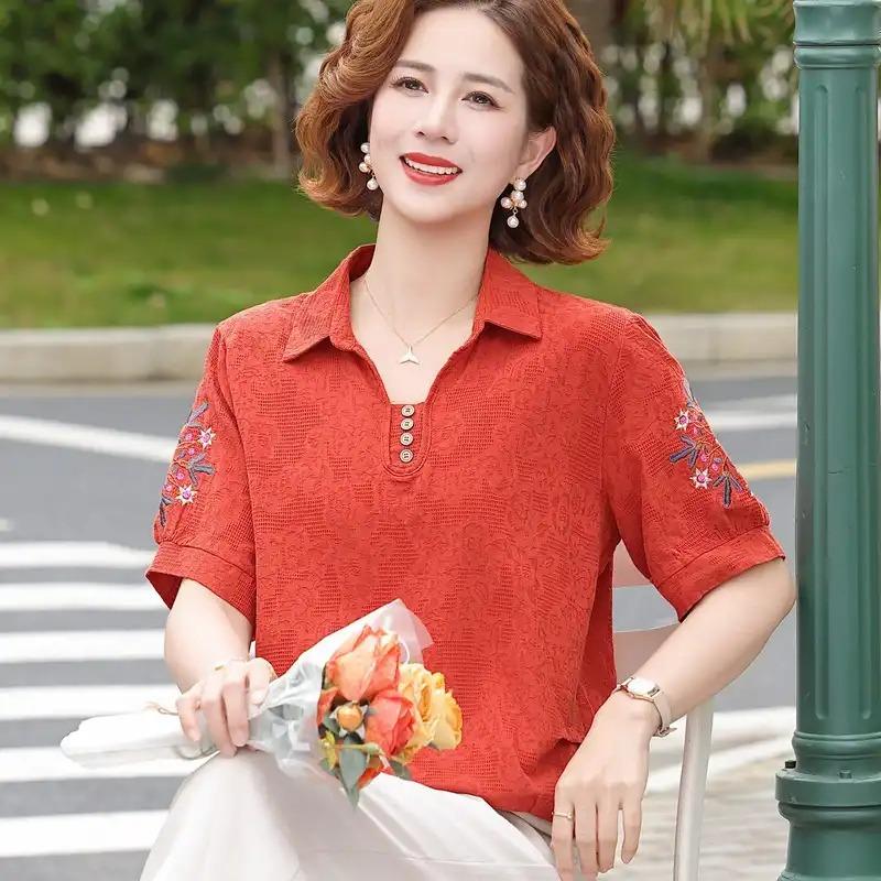 Women's Orange Textured Embroidered Short Sleeve Polo Shirt