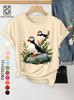Summer New Women's Round Neck Puffin Print T-shirt Casual Top with Fun and Quirky Design, Playful Anti-aging Top