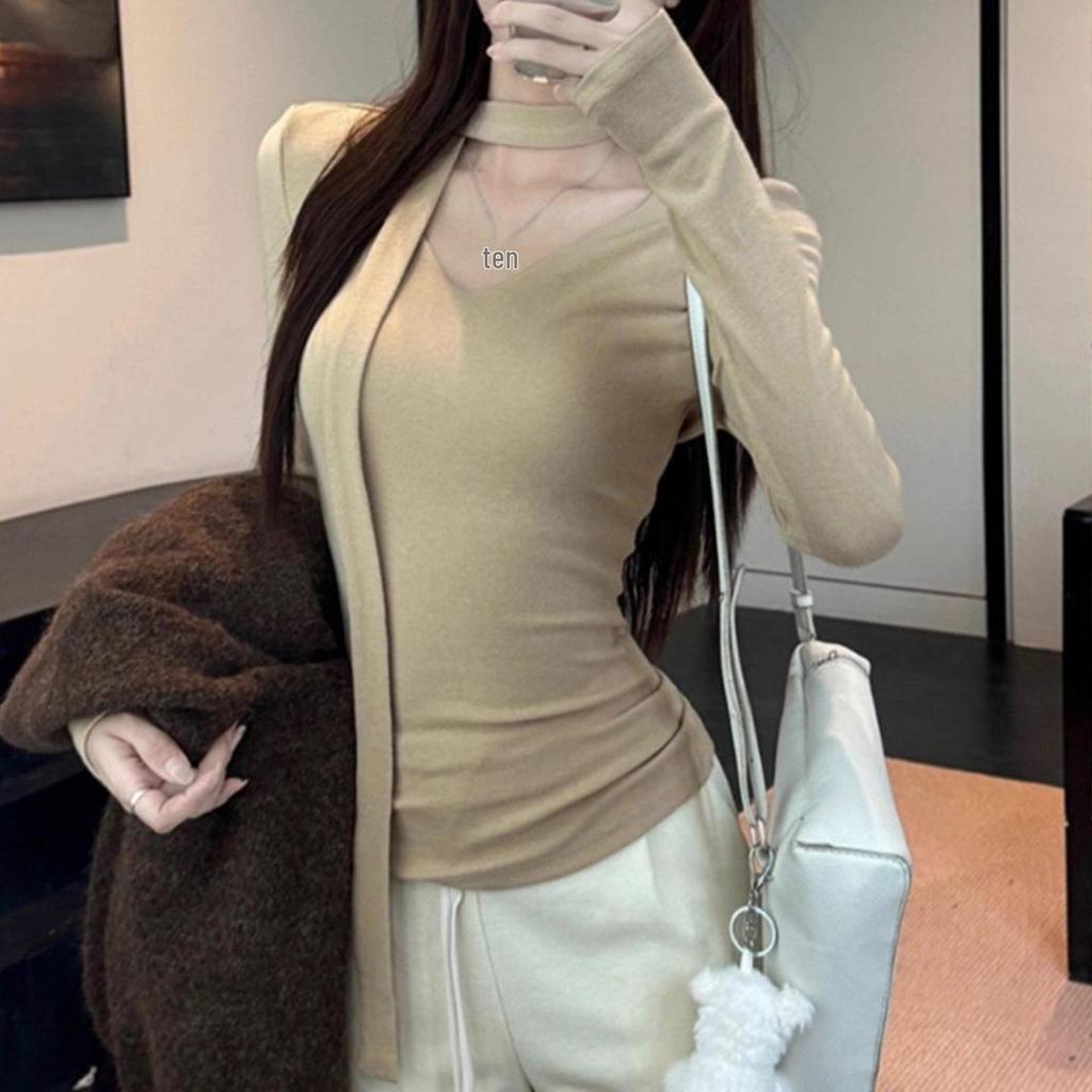 Women's Korean Long-Sleeve Pink V-Neck T-Shirt, Lace-Up, Slim Fit, Trendy Hot Girl Style, Perfect for Spring & Autumn.