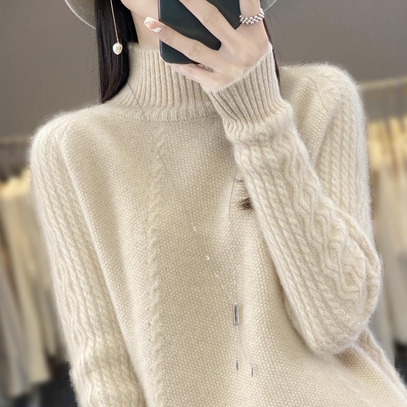 Women's 100% Pure Wool Half-High Collar Knit Sweater for Autumn and Winter