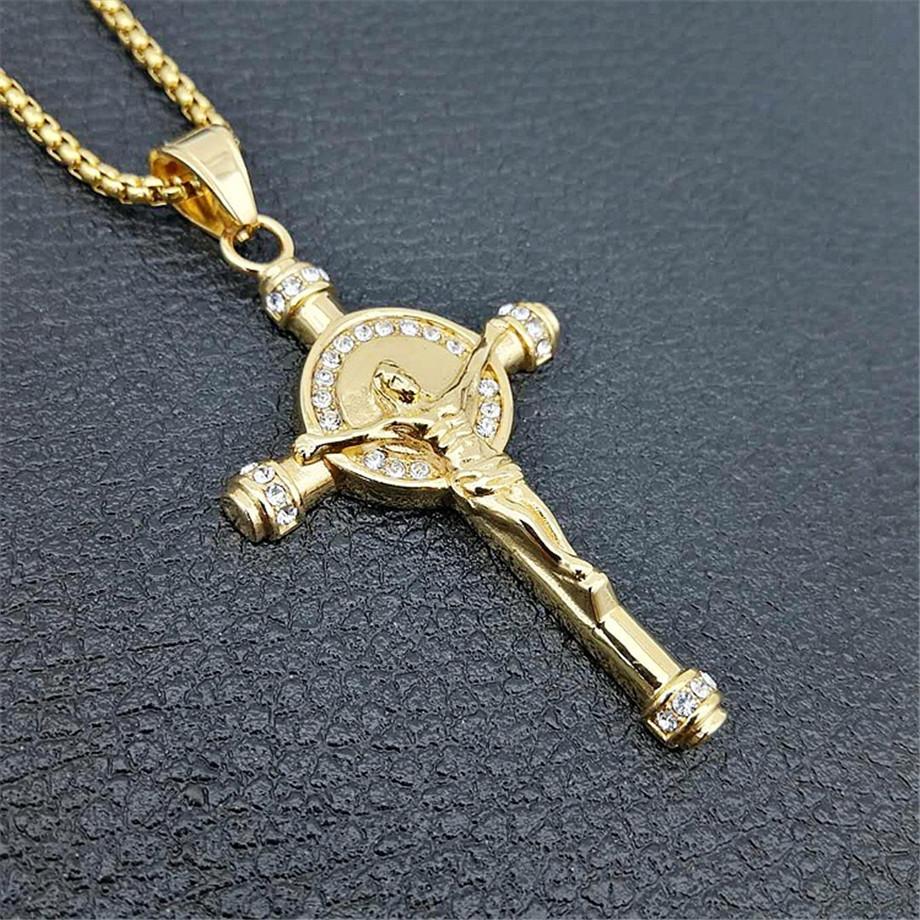 Hip Hop Iced Out Big Jesus Cross Pendant Male Gold Silver Color Stainless Steel Crucifix Necklace for Men Religious Jewelry Gift