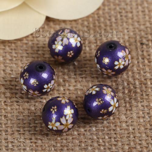

5 pcs Glass Painting Vintage Japanese Tensha Beads Round Sakura Flower Pattern Imitation Pearl About 12mm( 4/8 ) Dia 12mm фіолетовий