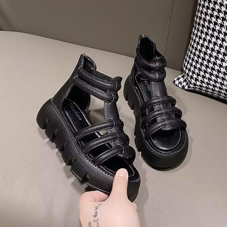 2025 Korean Tide Muffin Thick-soled Thin-ribbon Sandals Summer with Skirt Roman Leather Sandals Women's Zipper Open-toe