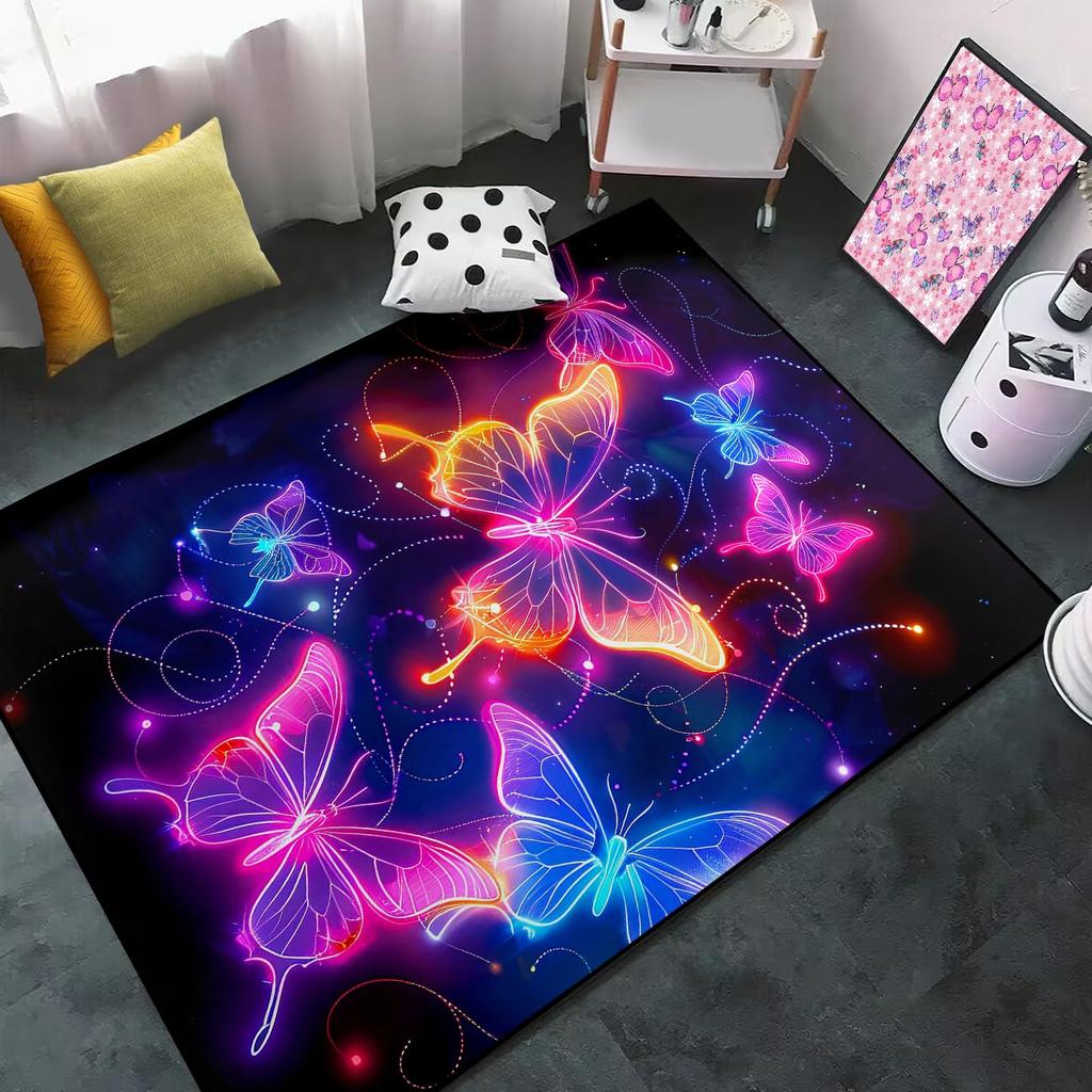 Area Rugs Floor Carpet Mat Neon Colorful Butterfly Pattern Non Slip Print Floor Mat for Living Room Bedroom Kitchen Home Decor