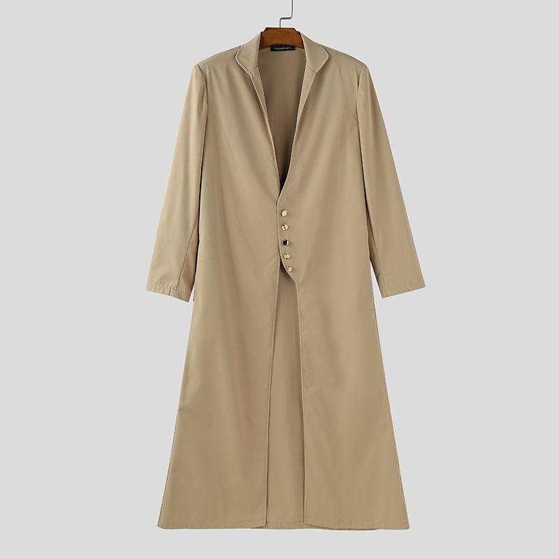 INCERUN Men Turn-down Collar Long Sleeve Button High Splits Long Cardigan Tunic Tops