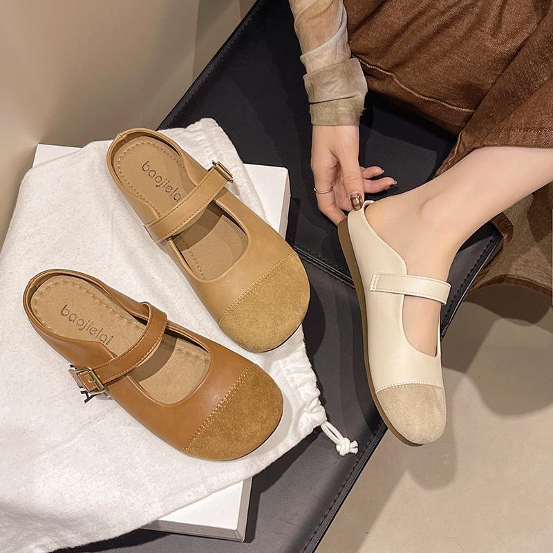 Baotou Half Slippers Women's Soft Sole New Outer Wear Autumn Boken Retro Shoes Mary Jane Single Shoes 2025