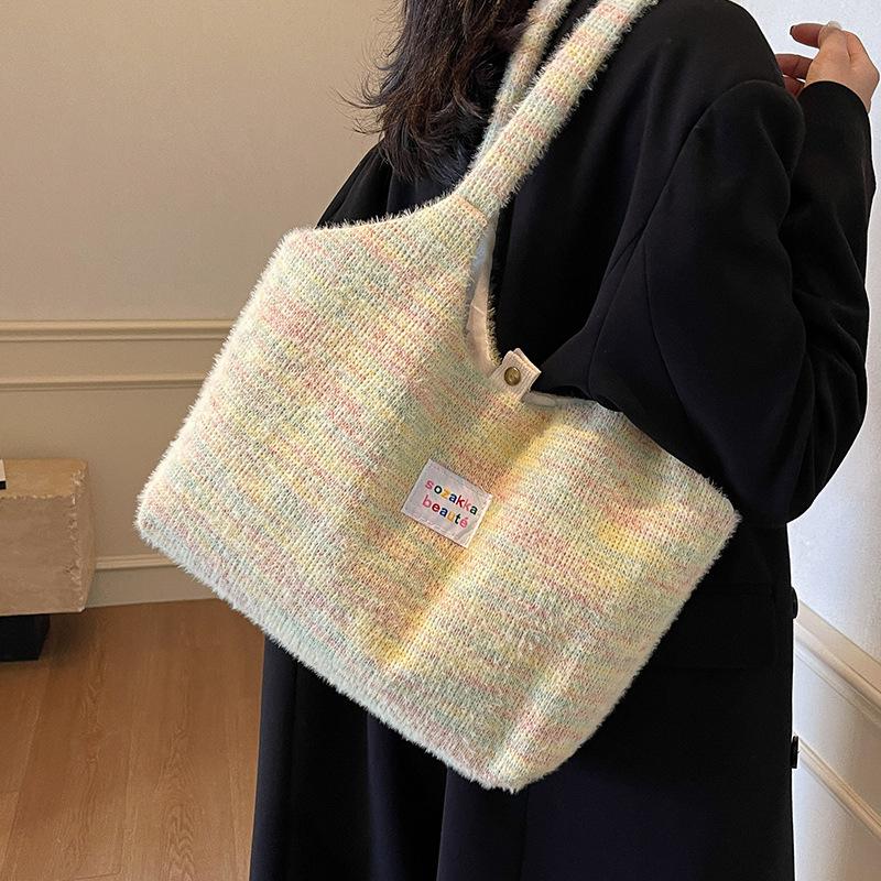 Cute Furry Woven Tote Bag  Large-capacity Student Book Bag  One-shoulder Canvas Vest Bag In Autumn and Winter