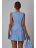 Summer Sexy Patchwork 2 Piece Set Women Elegant Single-breasted Tops + Pleated Mini Skirt Fashion Retro Solid Slim Office Lady Suits