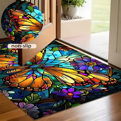 1 Pièce Tapis de Porte Imprimé Papillon Verre Coloré Pour Décoration Maison Salon Tapis de Sol Antidérapant Tapis Confortable Pour Décoration Porte Maison