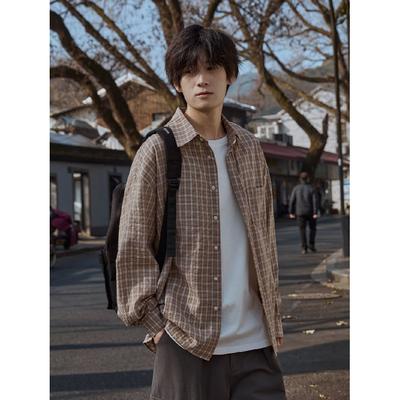Nanhe Japanischer Stil Retro Karomusterhemd Herren Langarm Frühling und Herbst Hochwertig Jugendlich Locker Lässig Rosa Jacke