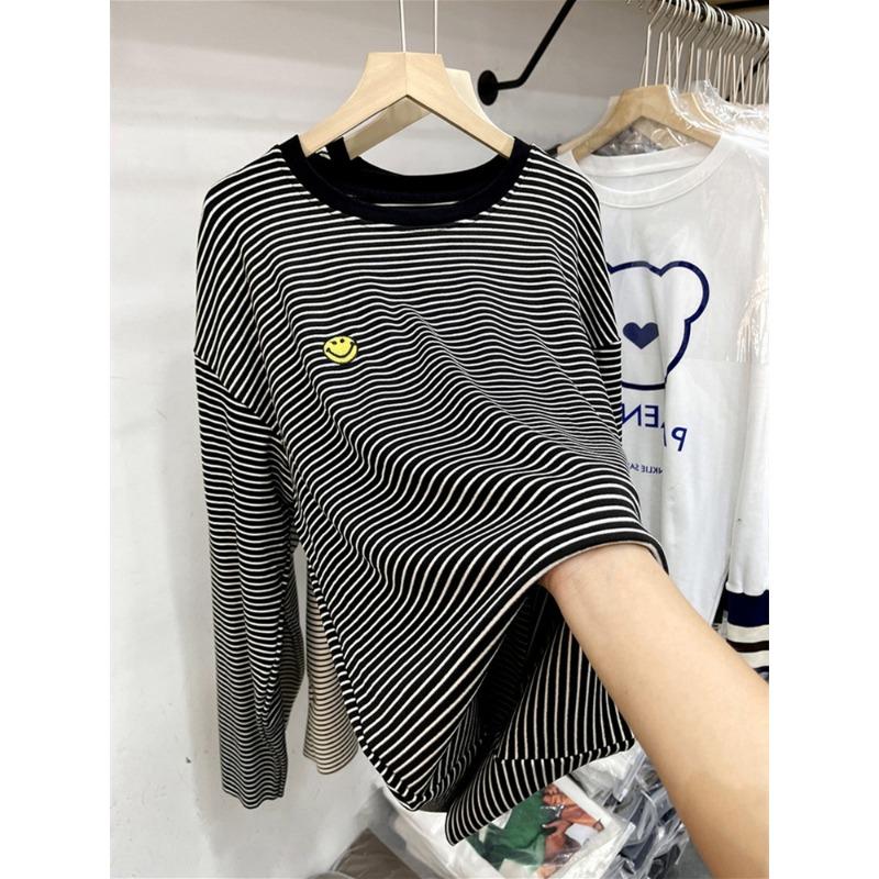 

Осень и зима, новая полосатая футболка с длинными рукавами для женщин, средняя длина, вышитое улыбающееся лицо, хлопковая основа, топ XXL чёрный