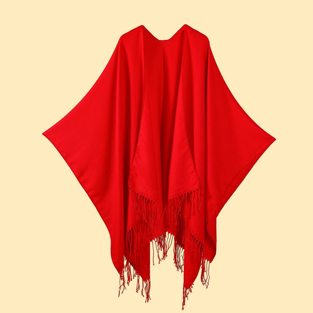 Ladies' Classic Monochrome Tassel Slit Shawl Scarf, Imitation Cashmere Knitted Cardigan