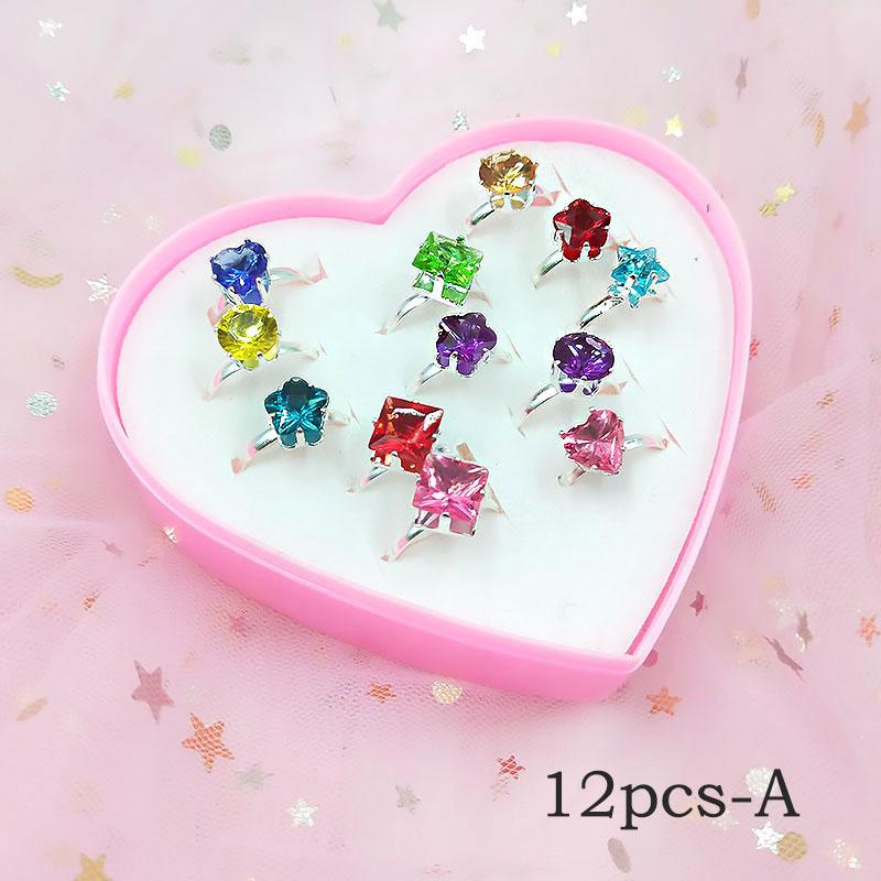 12/36 Pcs Adjustable Alloy Baby Girl Rings with Heart Shaped Box Cartoon Mix Finger Jewellery Rings Kid Girls Toys Random Color
