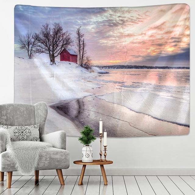 Tapisserie murale à suspendre avec paysage de neige et sapin de Noël, flocon de neige, maison, cadeau de vacances, décoration d'intérieur psychédélique rétro bohème