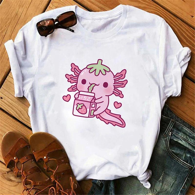 Funny Axolotl T Shirt Women Relaxolotl Kawaii Short Sleeve T-shirt Women's Clothing Summer Tops Y2k Casual Cartoon Graphic Tee