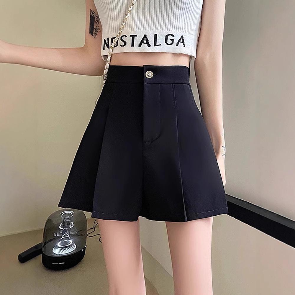 Women's High-Waist Black Casual Summer Shorts, Petite A-Line Wide-Leg Design, 2024 Collection.