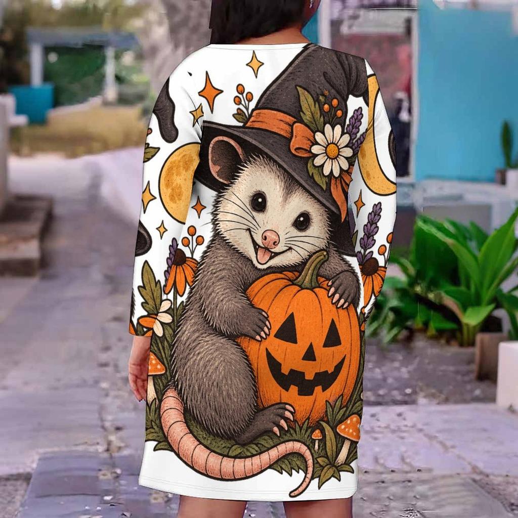 Women Plus Size V Neck Long Sleeve Fitted Halloween Sloth Pumpkin Printed Straight Hem Dress