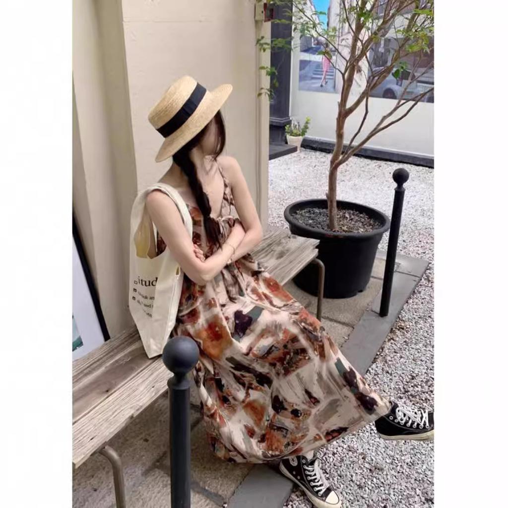 Holiday Style Splicing Printing Suspender Dress Women's Summer New Design Sense Niche Loose and Thin Long Dress