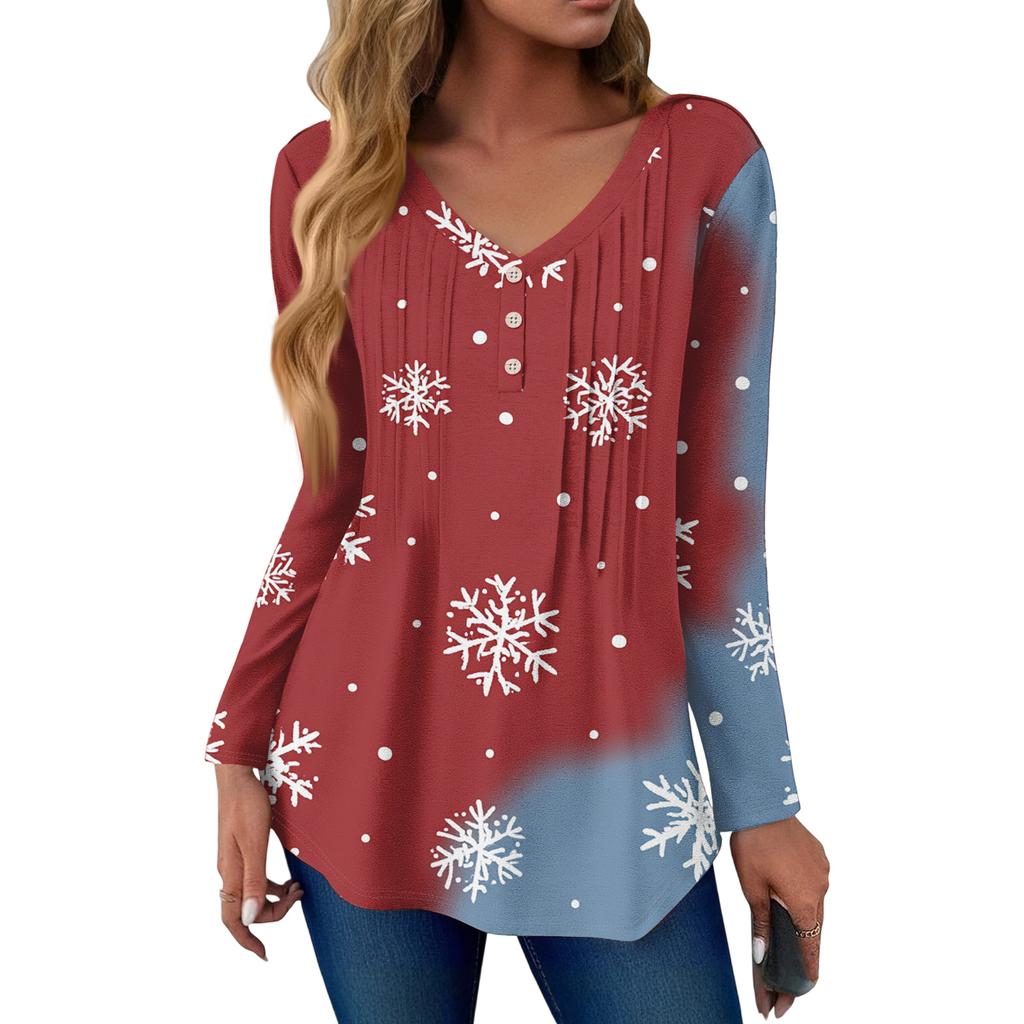 Women's Fashion Casual Christmas Tree Print V-Neck Decorative Button Long Sleeve T-Shirt Top