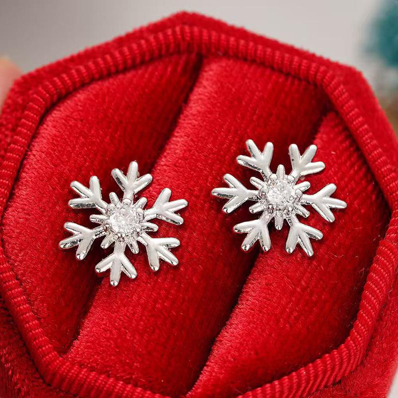 Snowflake Japanese And Korean Romantic Stud Earrings Christmas Wax Inlaid Zircon, Christmas Temu Explosion *2pcs