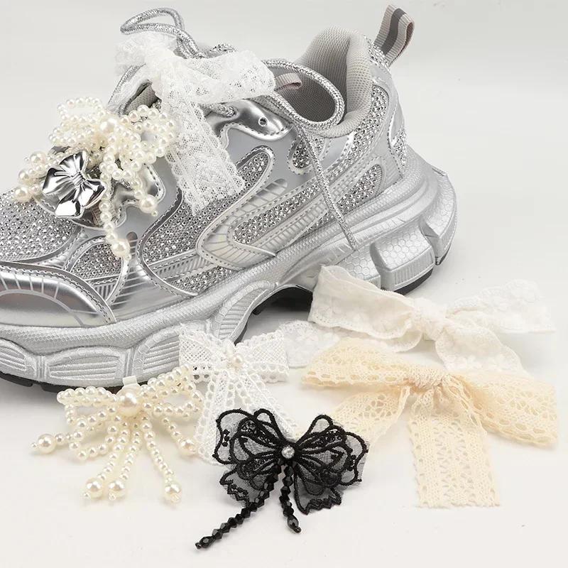 1Pair Buckle Pearl Rhinestone Shoelace Fashion Shoes Charms Bowtie Flower Lace Shoelaces Decoration Shoe Accessoriess for Woman