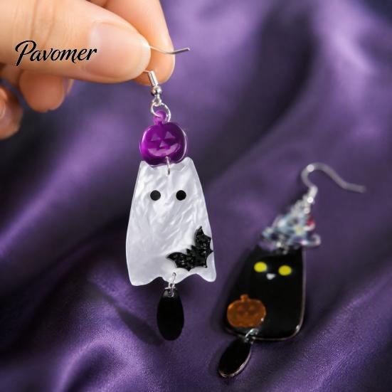 Lightweight Acrylic Statement Earrings 1 Pair Halloween Earrings, Black White Ghost Drop Dangle with Daily Wear Ear Hooks Witch Hat Bat Pumpkin,