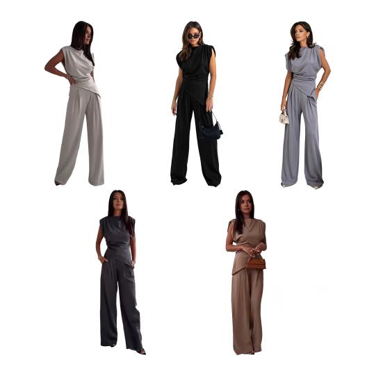 Women Two Piece Outfits Summer Sleeveless Irregular Hem Top And Wide Leg Pants Set Casual Business Office Set