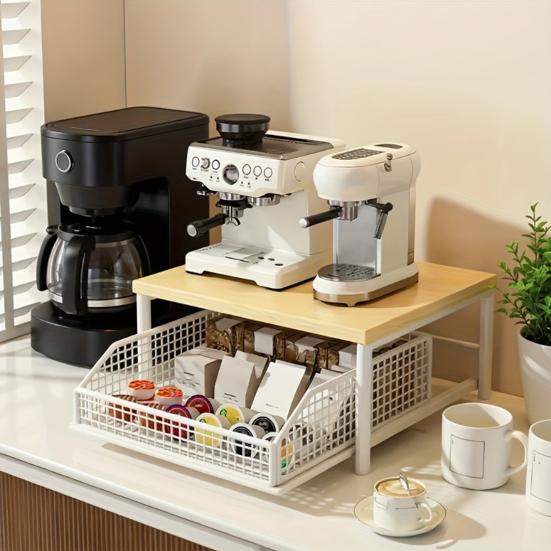 Kitchen Countertop Organizer Storage Shelf with Wire Basket Drawer Double-Tier Space-Saving Rack for Coffee Maker Spices Vegetables Fruits