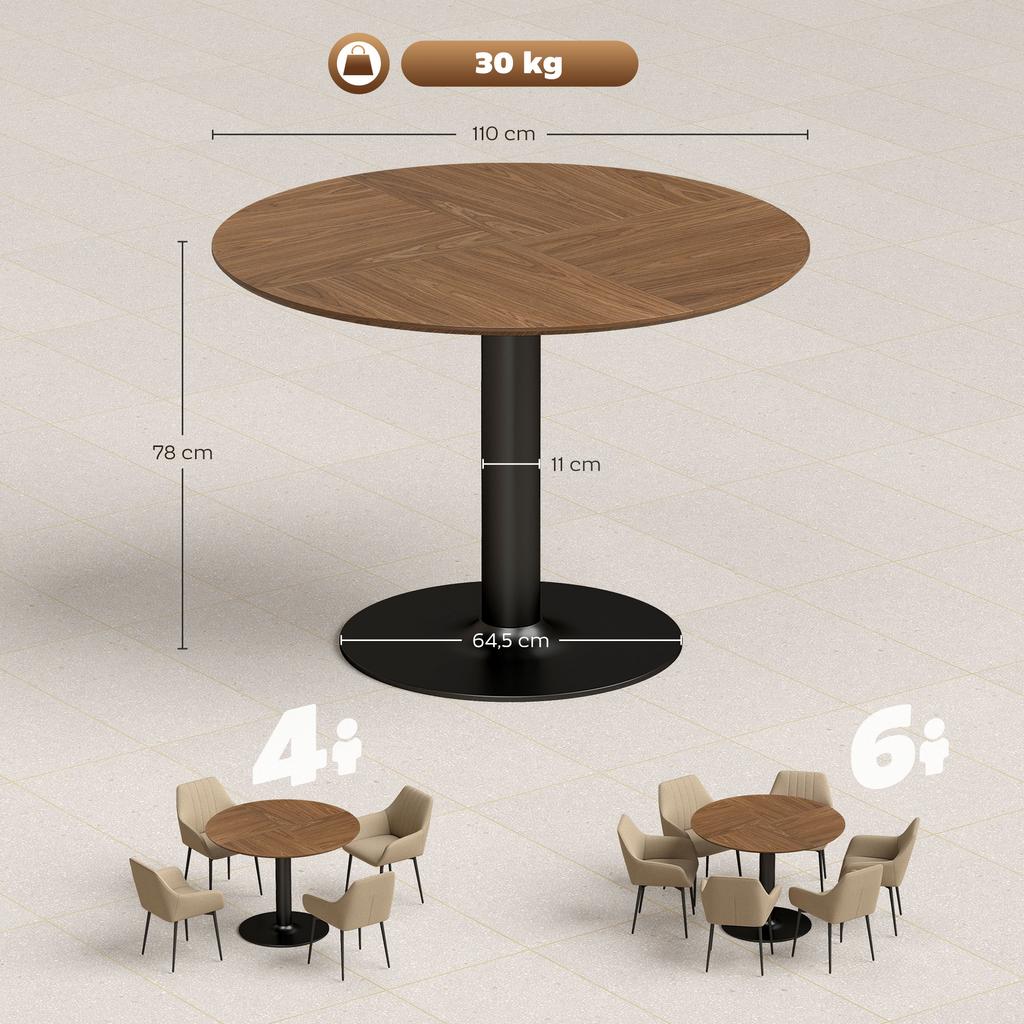Round Dining Table for 6 People, 110 cm Modern Kitchen Table with Base for Living Room, Brown Wood Grain