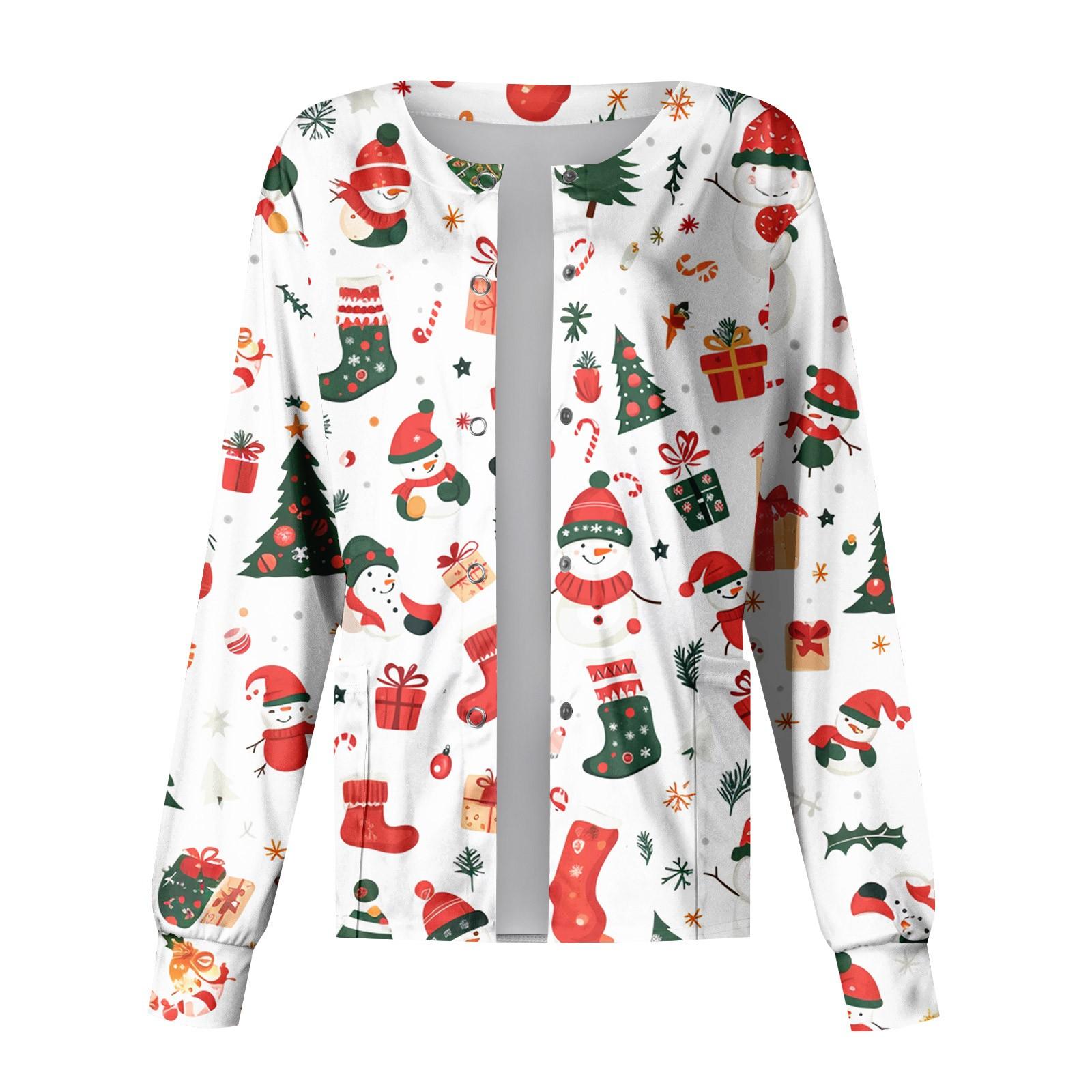 

Женский однобортный защитный комбинезон с длинным рукавом, рисунком, карманом, рождественским принтом, воротником-стойкой, кардиганом и курткой XL белый