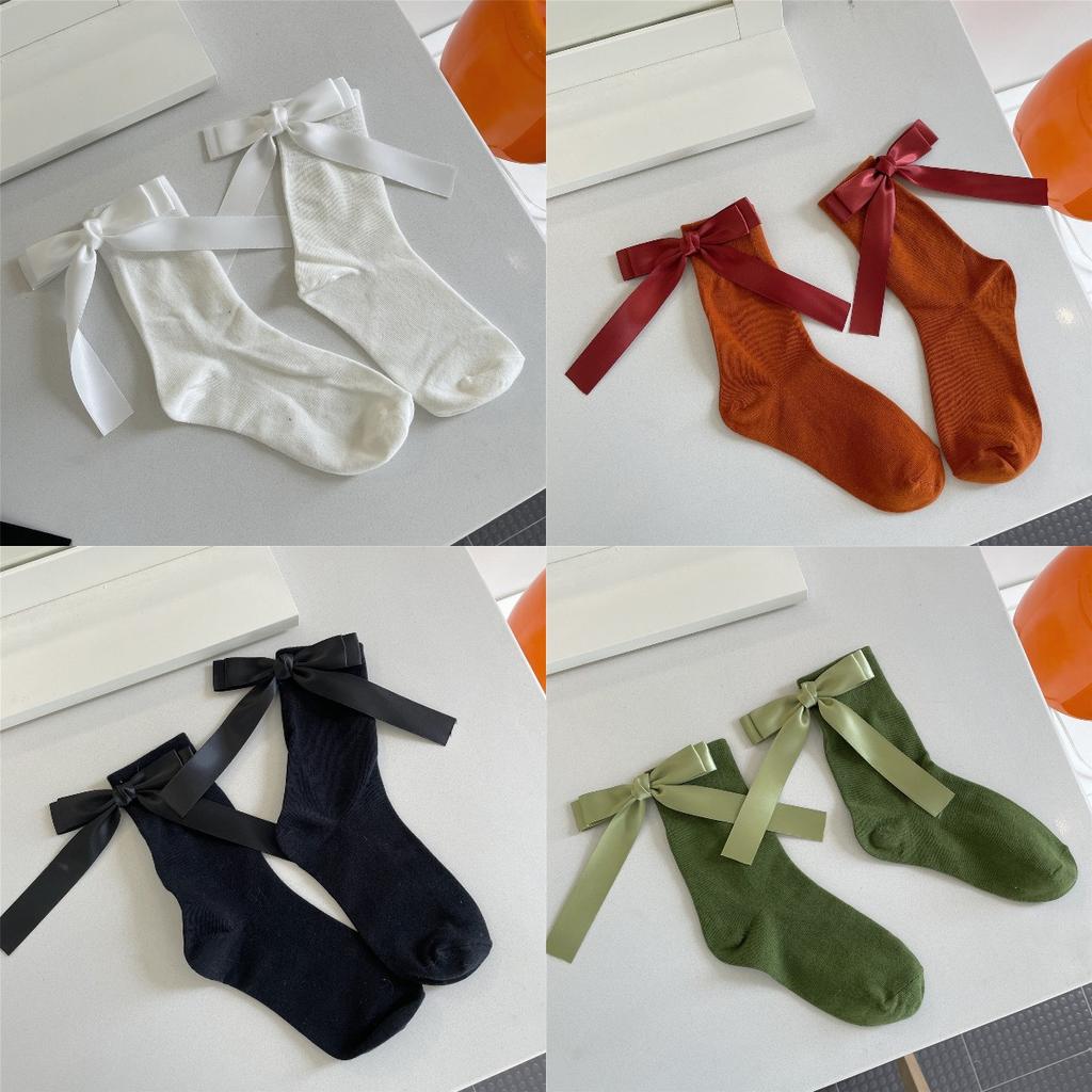 Harajuku Sweet Bowknot Kawaii Socks Women Spring Summer Y2k JK Lolita Cute Solid Socks Japanese Style Women Girls Middle Tube Preppy Socks